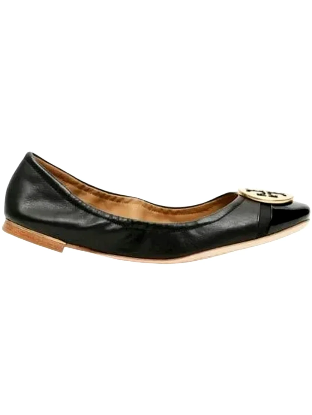 Tory Burch Minnie Travel Ballet Flats Black Leather Patent Cap Toe Size 8